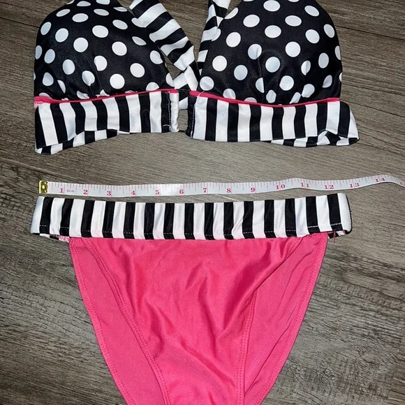 NWT 2 pc black & pink polka dot Halter neck bikini set Size L junior - Picture 3 of 6
